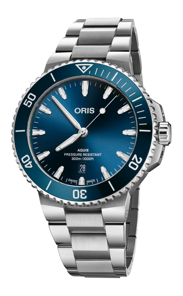 Oris Aquis watch with a striking blue dial, stainless steel case, and a unidirectional rotating bezel, showcasing its sleek design and robust functionality.