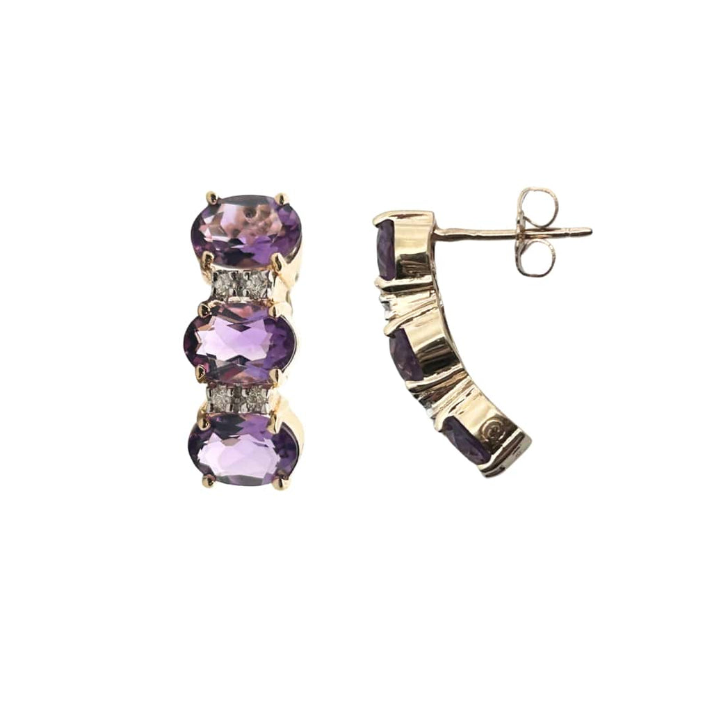 Curved 14k gold amethyst and diamond half-hoop earrings with post backs.