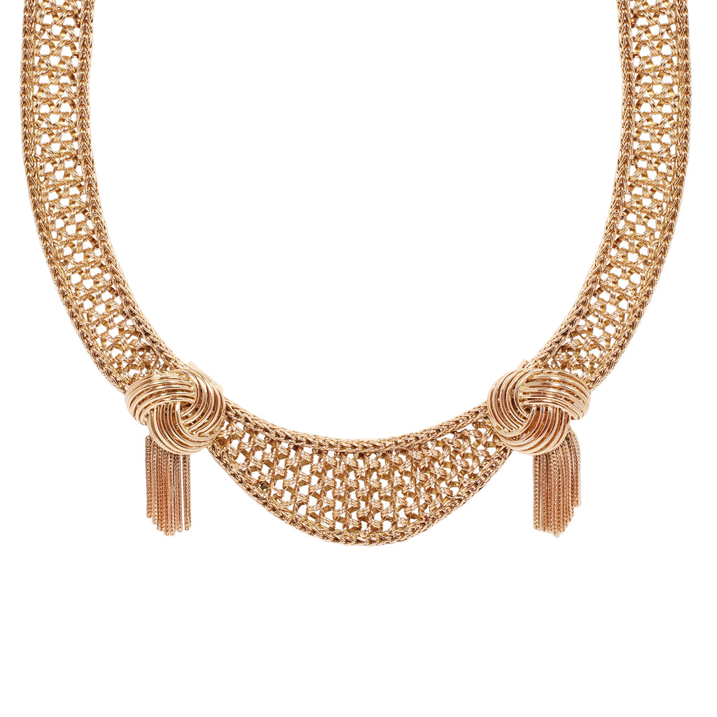 18K gold woven collar necklace with knotted gold wire and fringe detail, paired with clip-on fringe earrings. Detail Necklace