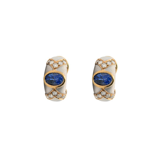 18K Two-Tone Gold Sapphire and Diamond Hoop Earrings