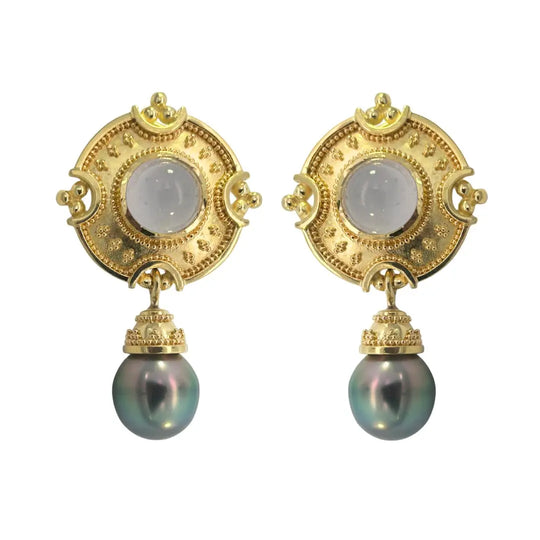 18k Yellow Gold Blue Chalcedony & Tahitian Pearl Drop Earrings