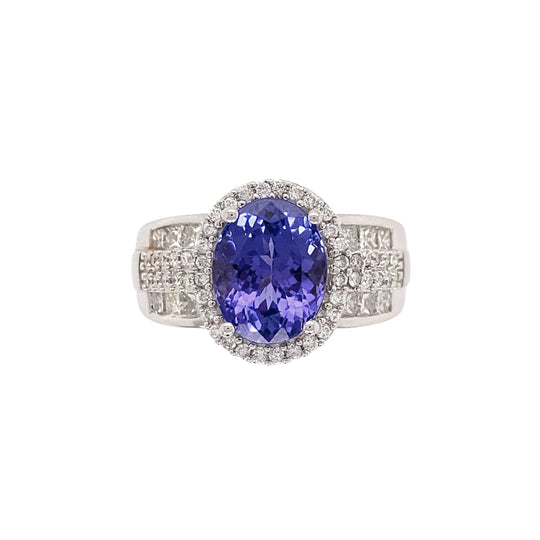 18K White Gold 2.95 Carat Oval Tanzanite and Diamond Halo Ring