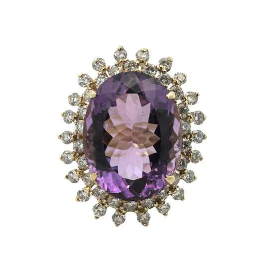 Amethyst Diamond Double Halo Ring 18K Yellow Gold 18.48 CT Oval Amethyst