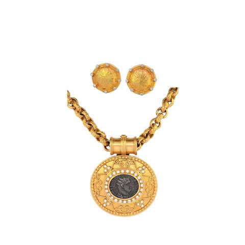 Ancient coin 22k yellow gold diamond filigree necklace and matching gold earrings.