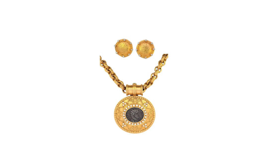 Ancient Coin Necklace and Gold Earrings Set