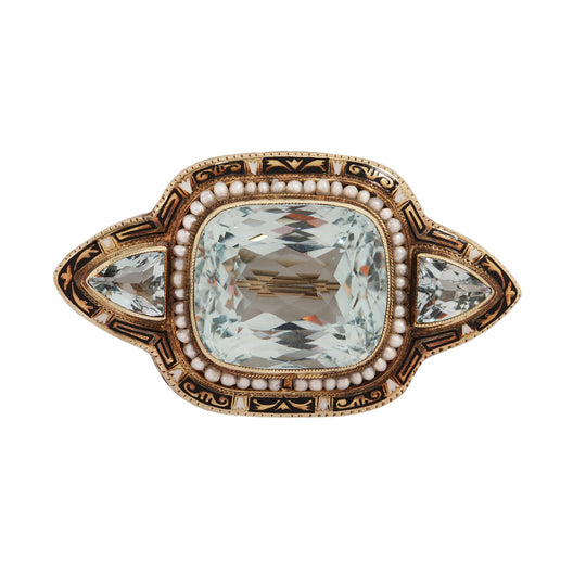 Vintage Aquamarine Black White Enamel Gold Brooch