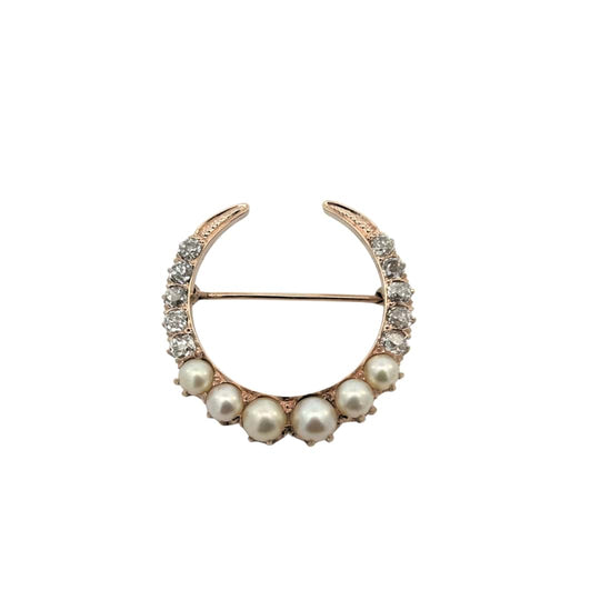 Victorian Diamond Pearl Horseshoe Brooch Antique Old Mine Cut Pin