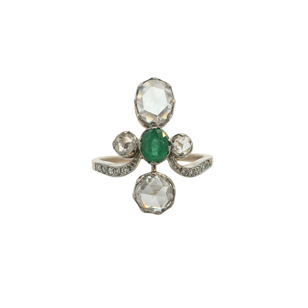 Front view of antique oval emerald ring with rose-cut diamonds and old European cut diamond shoulders