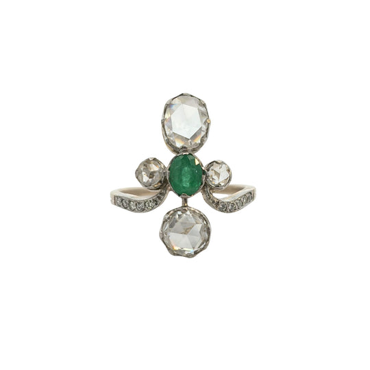 Antique Emerald and Rose-Cut Diamond Ring in Platinum-Topped Gold