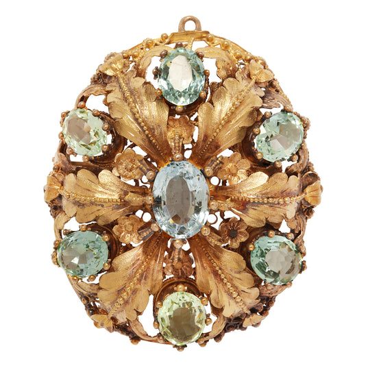 Antique Oval Aquamarine Oak Leaf Flower Gold Pin