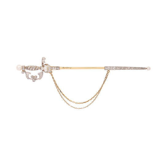Antique Diamond Sword Pin with Pearl Accents in 18k Gold & Platinum
