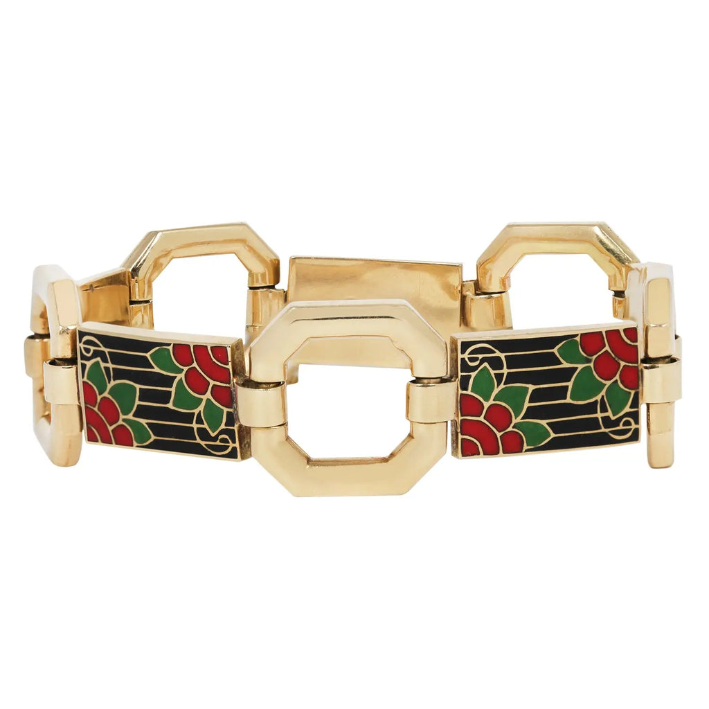 Vintage art deco gold large octagon and rectangular enameled red, green and black flower link bracelet. Concealed clasp.
