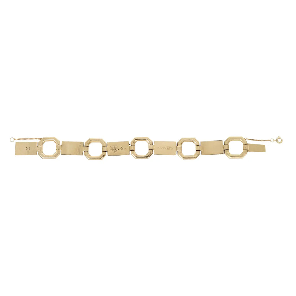 Vintage art deco gold large octagon and rectangular enameled red, green and black flower link bracelet. Concealed clasp. Back view with LYDIA 14-5-37 engraved.
