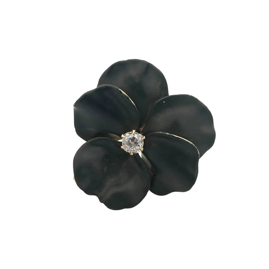 A.J. HEDGES Art Nouveau Black Enamel Pansy Brooch with Cushion Old Mine Cut Diamond – 14K Gold
