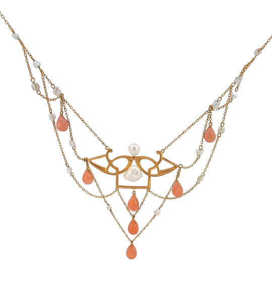 Art Nouveau Coral Freshwater Pearl Gold Festoon Necklace