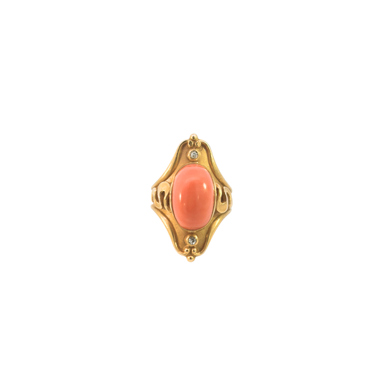 Art Nouveau Salmon Coral and European-Cut Diamond Ring in 14K Gold