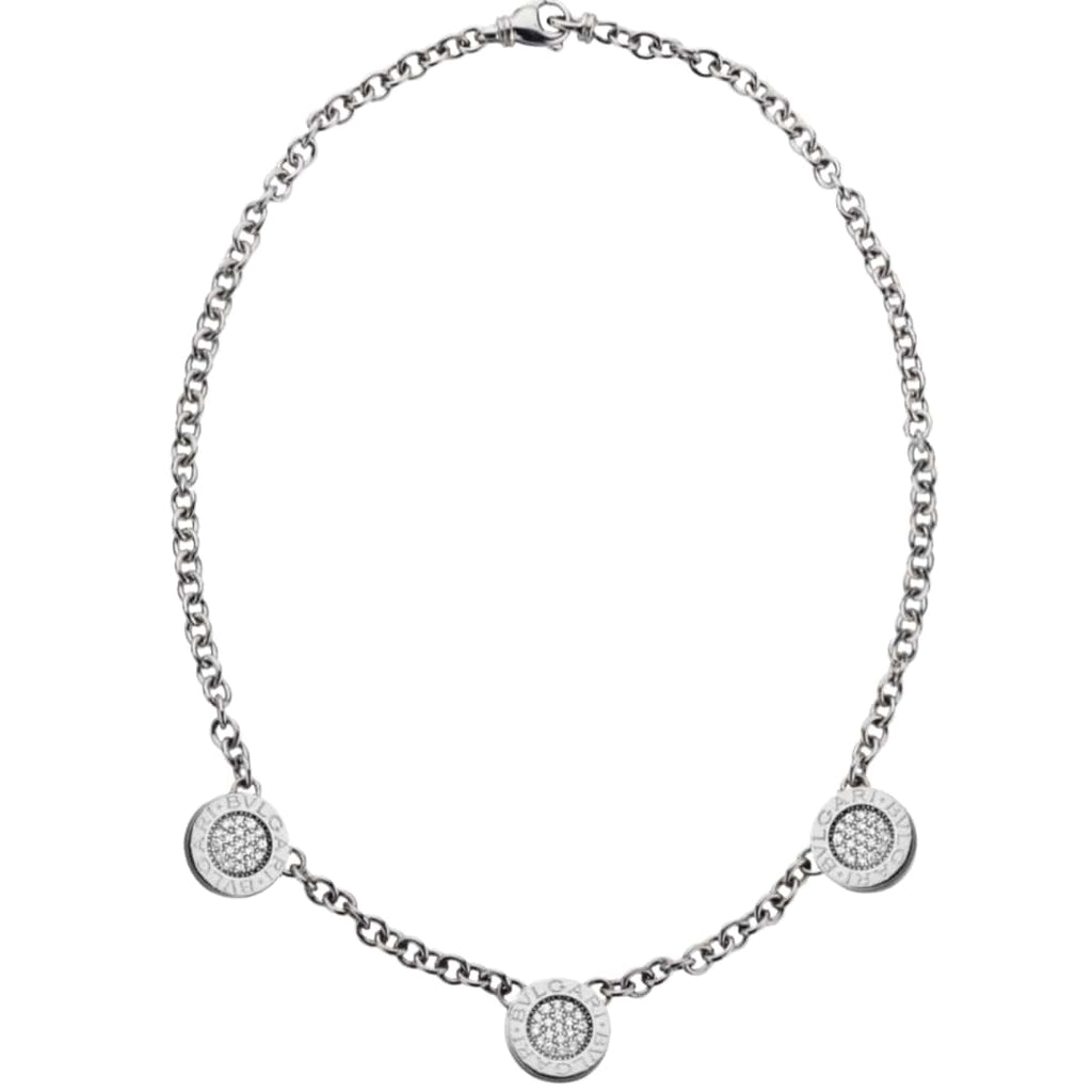 BVLGARI white gold necklace with pavé diamond stations front view