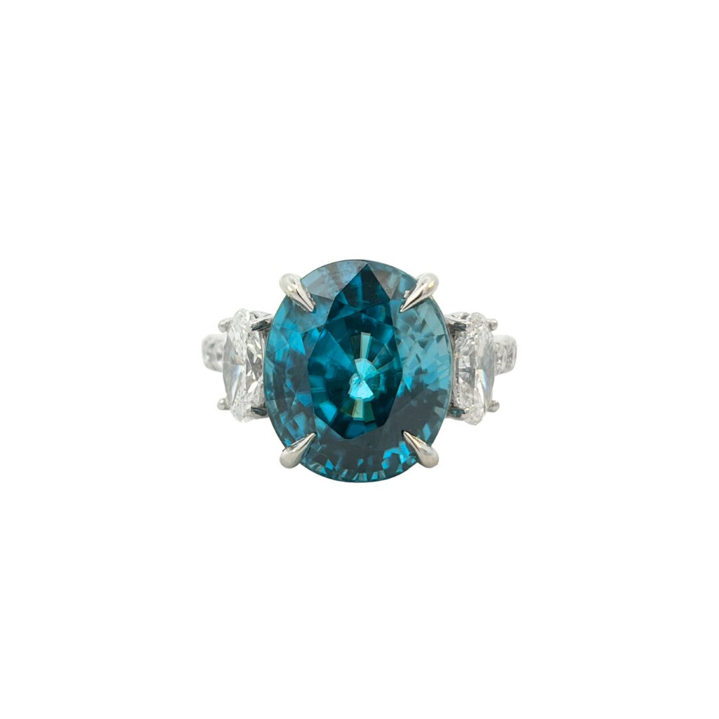 oval blue zircon diamond ring platinum three stone