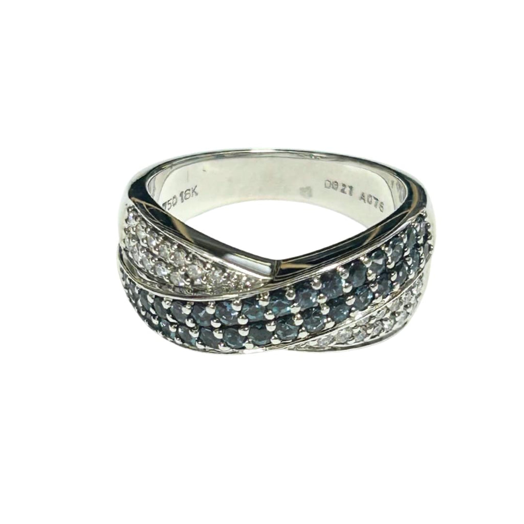 White gold crossover ring with Brazilian alexandrite and diamond rows