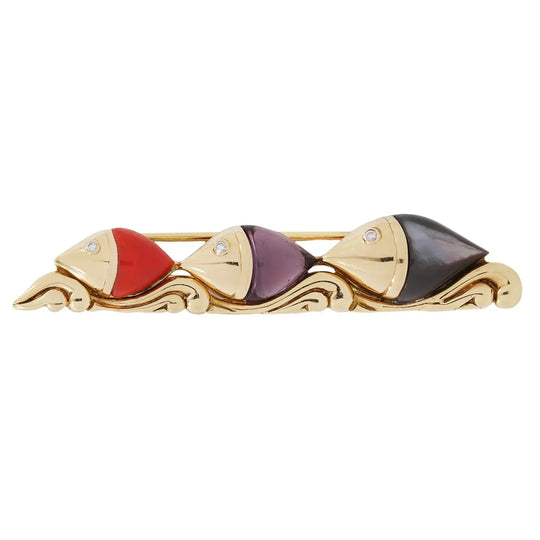 BVLGARI Naturalia 18K Gold Coral Amethyst Mother of Pearl Diamond Fish Brooch