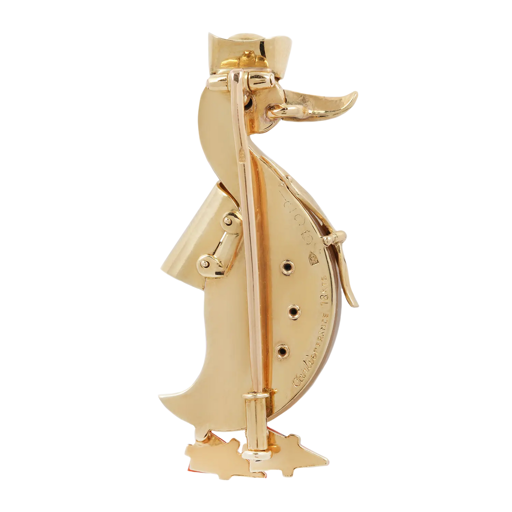 Back view of the Cartier vintage Sailor Duck Pin. All yellow gold back with Cartier signature and serial number.
