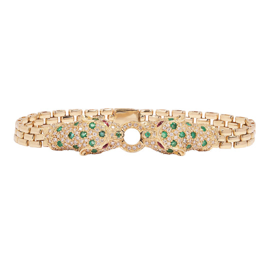 Diamond & Emerald Panther Bracelet in 14K Yellow Gold