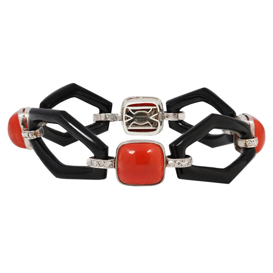 Art Deco Coral, Black Onyx, and Rose-cut Diamond Link Bracelet