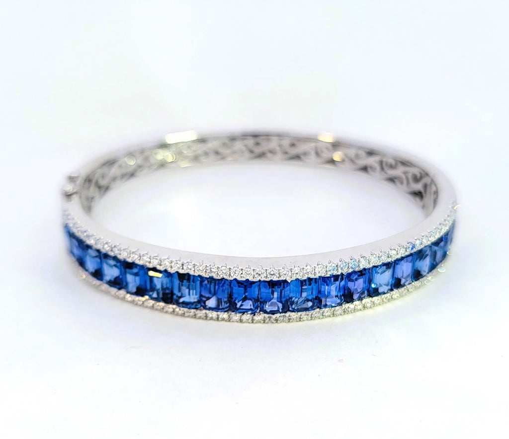 Estate hinged sapphire baguette bangle bracelet in 18k white gold

