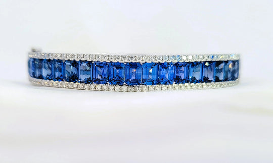 Hinged Sapphire Baguette Bangle Bracelet in 18k White Gold