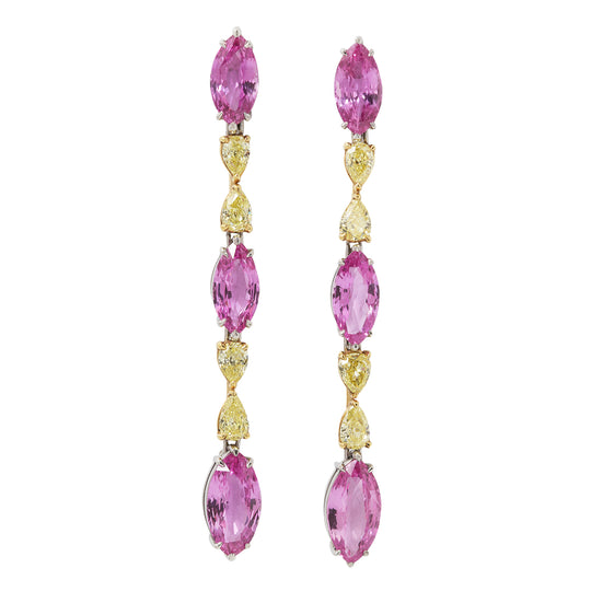 Marquise Pink Sapphire and Pear Yellow Diamond Drop Earrings