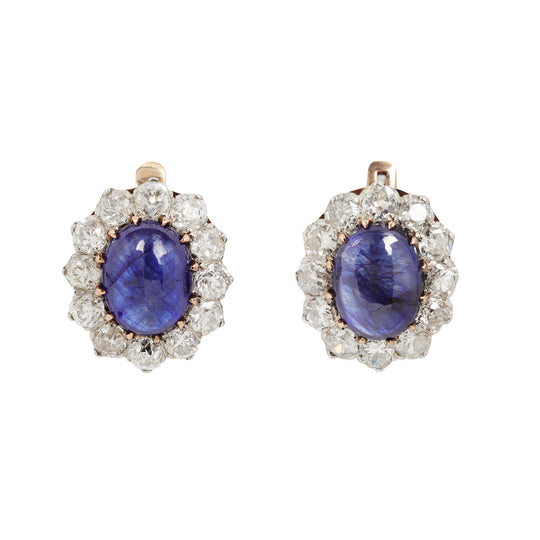 Vintage Sapphire Cabochon and Diamond Halo Button Earrings