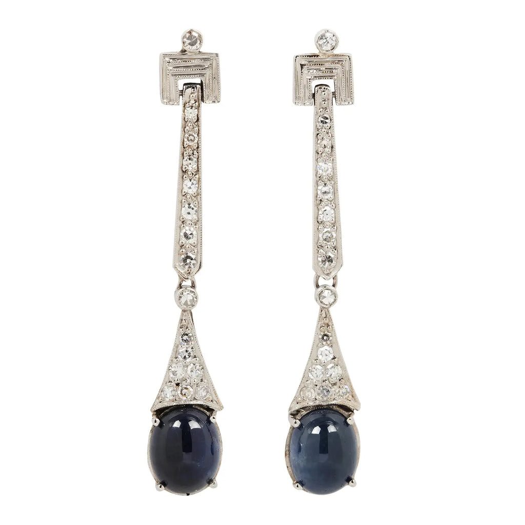 Art Deco Inspired Diamond and Sapphire Cabochon Dangle Earrings Estate Collection