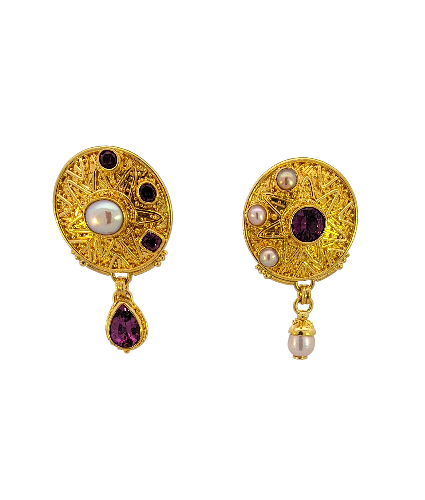 Ancient-style Round Disc Rhodolite Garnet and Pearl Earrings