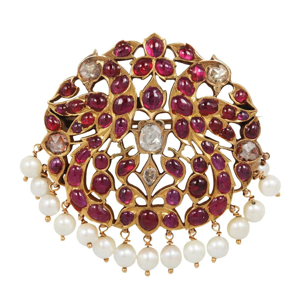 Twin Peacock Indian Ruby, Pearl and Rose-cut Diamond Brooch Estate Collection