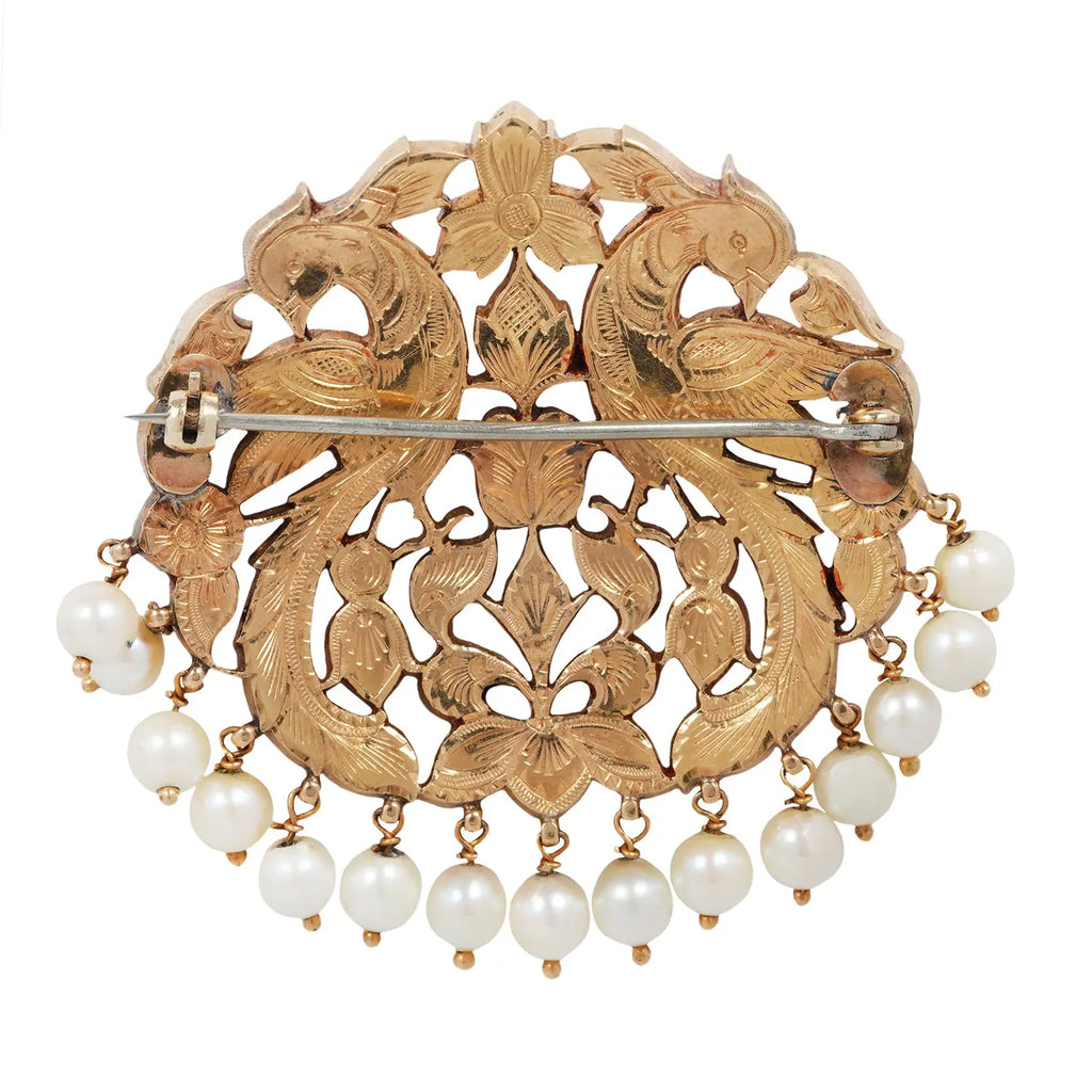 Twin Peacock Indian Ruby, Pearl and Rose-cut Diamond Brooch Estate Collection