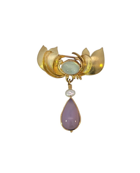 SYLVIA DAVITZ Gold Lotus Moonstone Chalcedony Pin