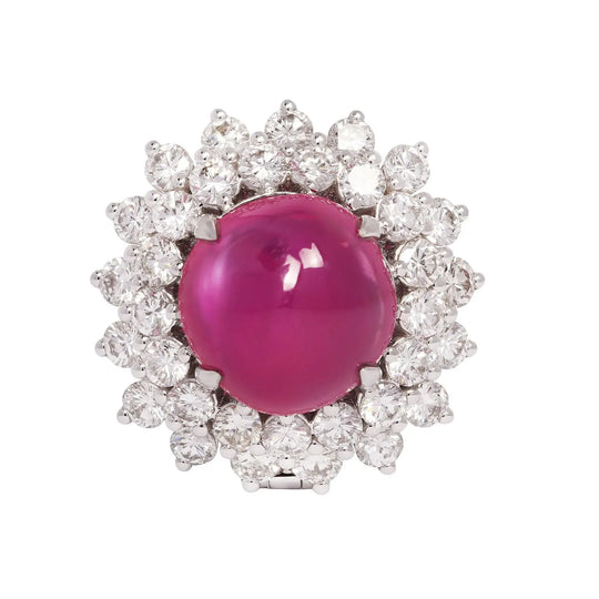 No-Heat Burmese Cabochon Pink Sapphire & Diamond Ring in Platinum