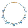  Elegant Clare Ullman necklace with faceted blue topaz, apatite, and tanzanite briolettes. 18K gold stylized clasp. Full view
