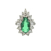 Front view of pear-shape Colombian emerald and diamond halo ring with AGL certified 3.75 ct center stone.