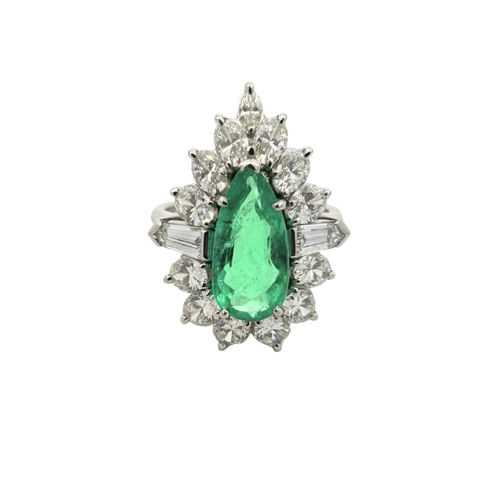 Front view of pear-shape Colombian emerald and diamond halo ring with AGL certified 3.75 ct center stone.