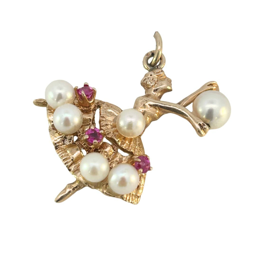 Yellow gold ballerina pendant with cultured pearls and ruby accents