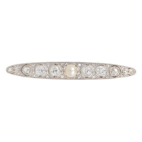 Edwardian Platinum Pearl European Cut Diamond Rose Cut Diamond Bar Pin