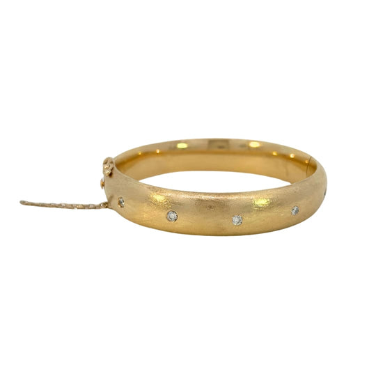 Vintage 14K Yellow Gold Diamond Flush Set Domed Hinged Bangle Bracelet