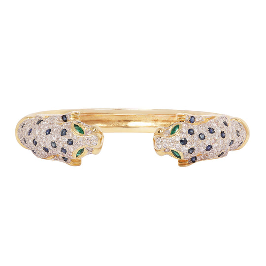 Diamond & Sapphire Panther Head Cuff Bracelet in 18K Yellow Gold