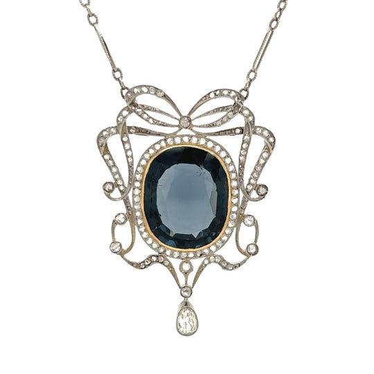 Edwardian 12.0 Carat Natural No-Heat Blue Spinel and Diamond Bow Necklace