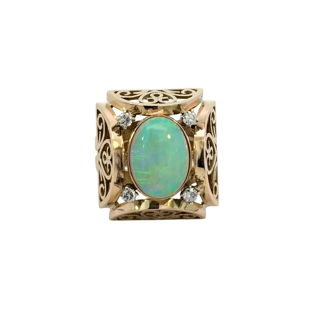 estate opal diamond ring 14k yellow gold oval cabochon opal