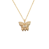 French 18K yellow gold diamond butterfly pendant with pavé wings and a butterfly-shaped center diamond, shown suspended from a gold chain.