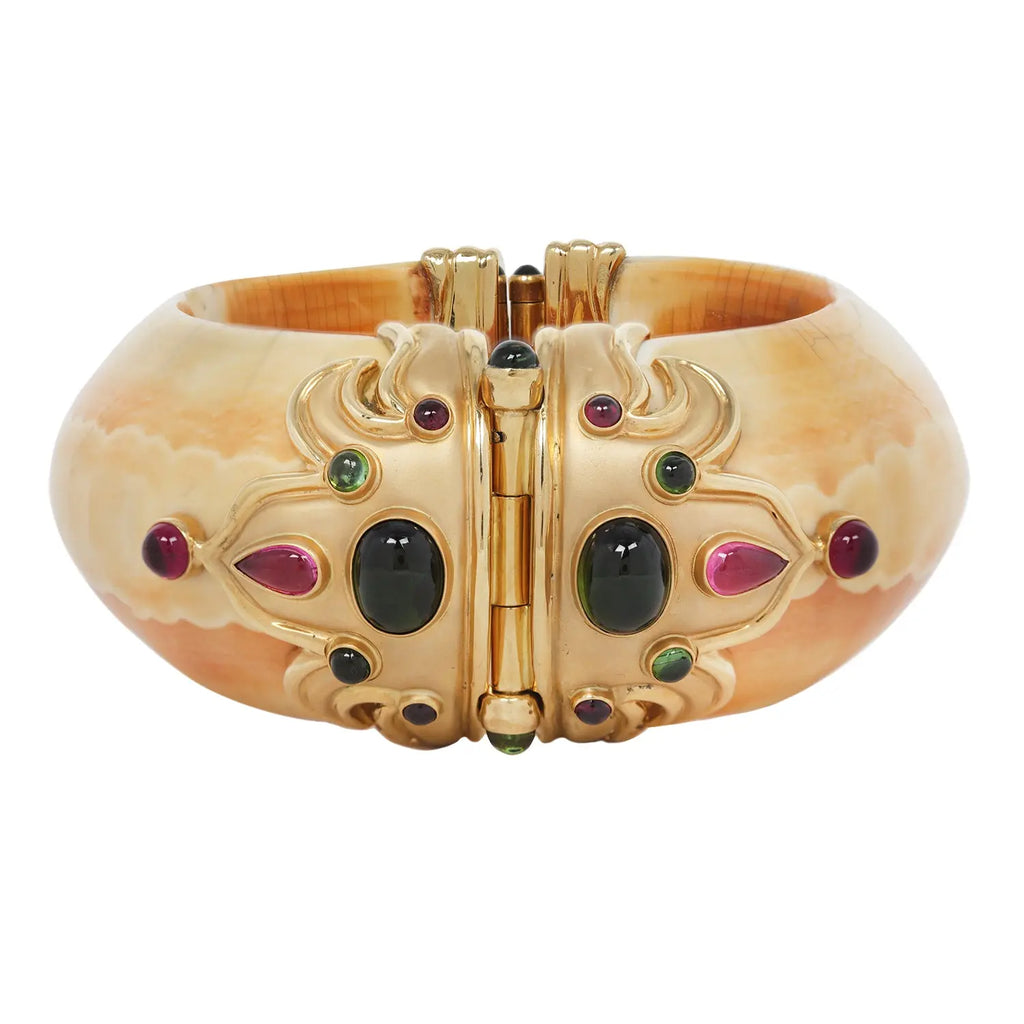 Elaborate Gold and Tourmaline Vintage Bone and Tourmaline Hinge Bracelet Estate Collection