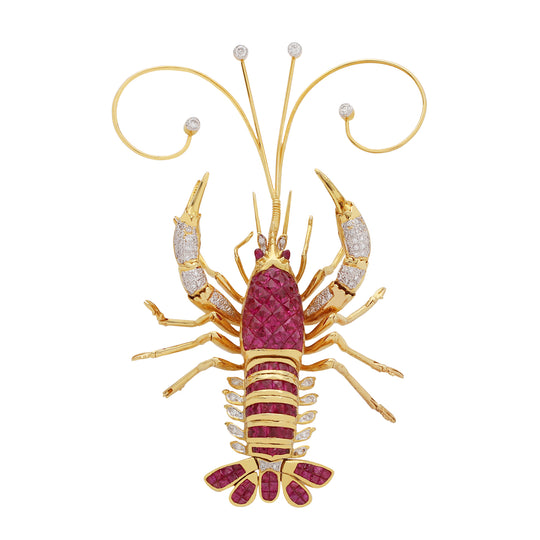 LE VIAN Articulated Gold Pink Sapphire and Diamond Lobster Brooch