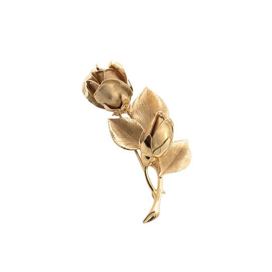 Rose Bud Brooch 14K Yellow Gold Two Bud Floral Pin